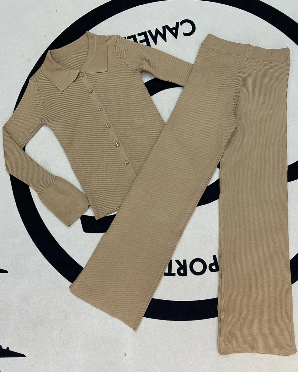 High Quality Fashion Women'S Knitted Slim 2 Two-Piece Set 2021 Spring Sexy V Long-Sleeved Button Top + Pants Casual Suit skirt suit set
