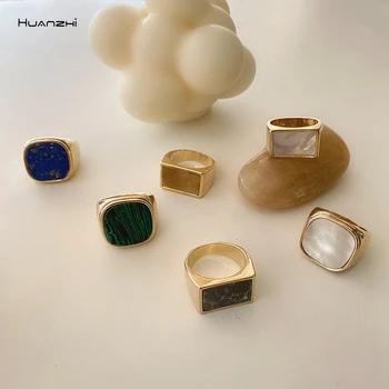 

HUANZHI 2020 New Personality Vintage Trendy Marble Shell Simple Geometric Square Metal Ring For Women Girls Party Jewelry Gifts