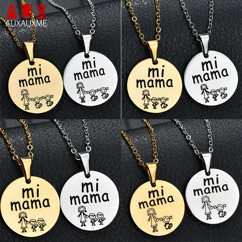 

Auxauxme 5 Style Simple mama Pendant Necklace Can Engrave Words Date Mother Girl Boy Stainless Steel Necklace For Mom Gifts