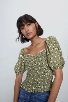 

2020 new Spring Summer European Printed Short Slab Tops zaraing women blouse shrit vadiming sheining female Shirt A9698