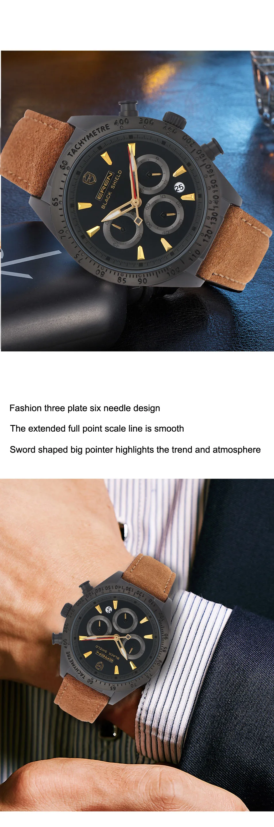 2022 Ever Move Men's Sports Chronograph  Luxury Literal Business Style Multifunctional Leather Real Nail Quartz Watch