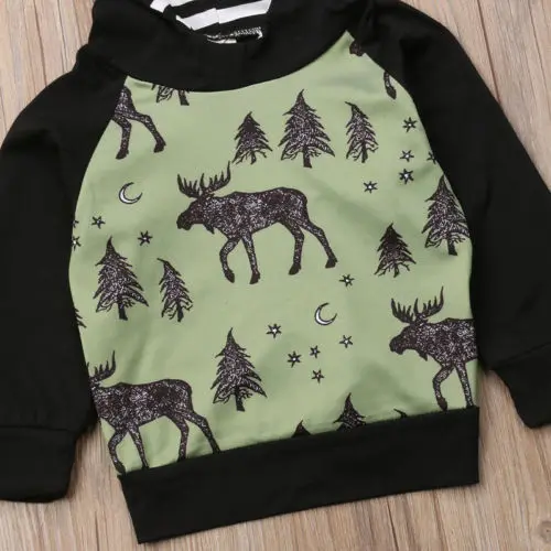 Брендовый теплый свитер для маленьких мальчиков пуловер с капюшоном и длинными рукавами с принтом оленя топы, осенняя крутая одежда От 6 месяцев до 4 лет
