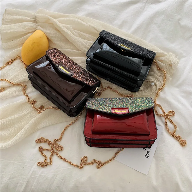

New Style 2019 Korean-style Bag WOMEN'S Bag Simple Sequin Shoulder Bag Bright Surface Versatile Chain Square Sling Bag Shoulder