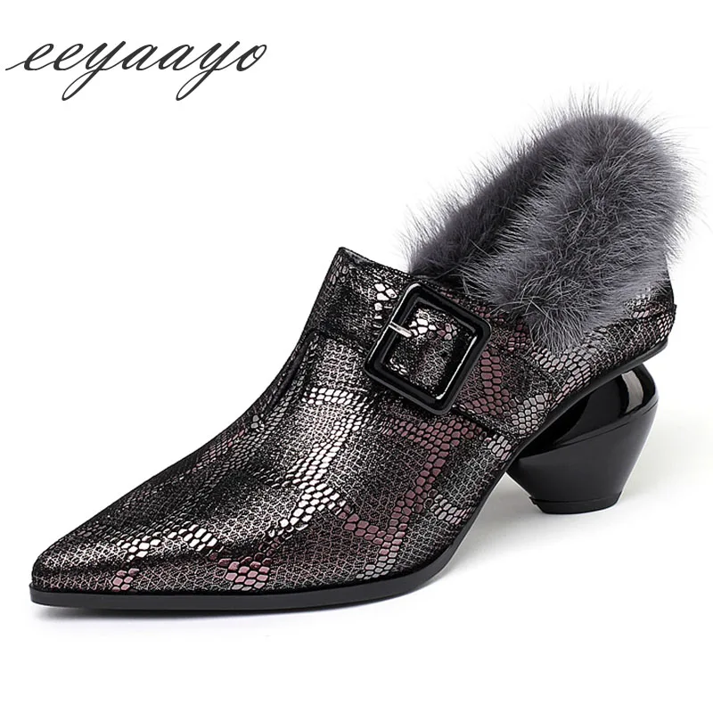 

2018 New Genuine Leather Winter Women Boots High Heel Pointed Toe Marten Hair Buckle Fashion Sexy Ladies Women Sheepskin Shoes