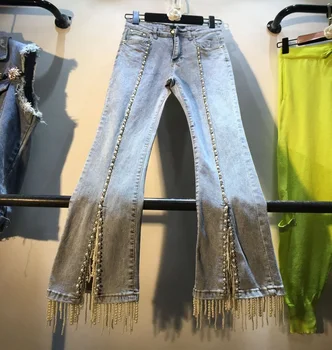 

New Heavy Industry Fringe Studded Diamonds Denim Pants Female High Waist Slim Nine Point Jeans Womens Skinny Flared Jean Trouser