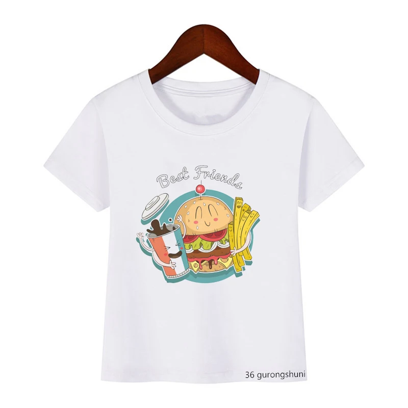 

Funny boys t-shirt cartoon burger and fries print kids clothes summer Harajuku fashion casual cute girls t shirt tops wholesale