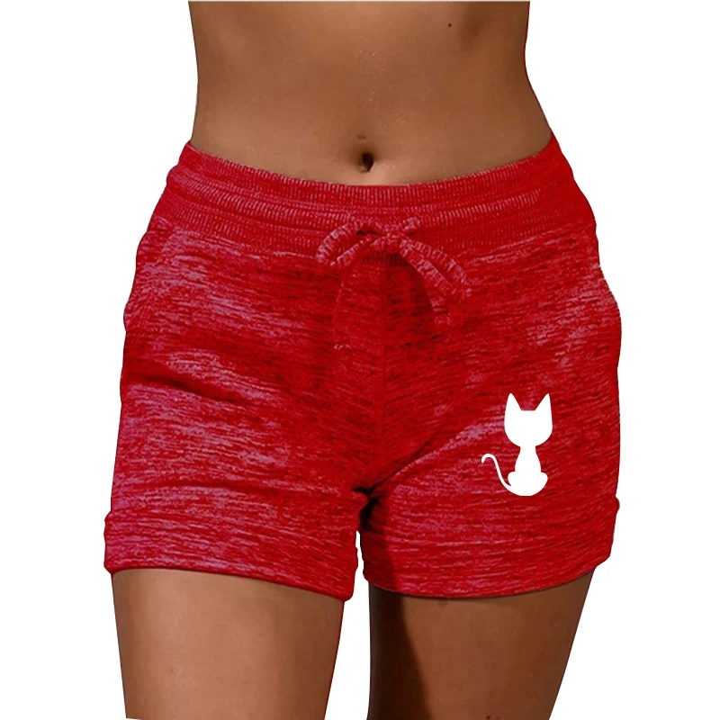 Woman Slim Shorts Cat Print Pattern Low Waist Drawstring Beach Wear  Elastic Seamless Fitness Leggings Push Up Training Shorts under armour shorts