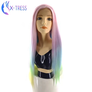

X-TRESS Lace Front Cosplay Wigs For Women 28inch Straight Side Part Wig Heat Resistant Fiber Lolita Pink Colorful Wigs