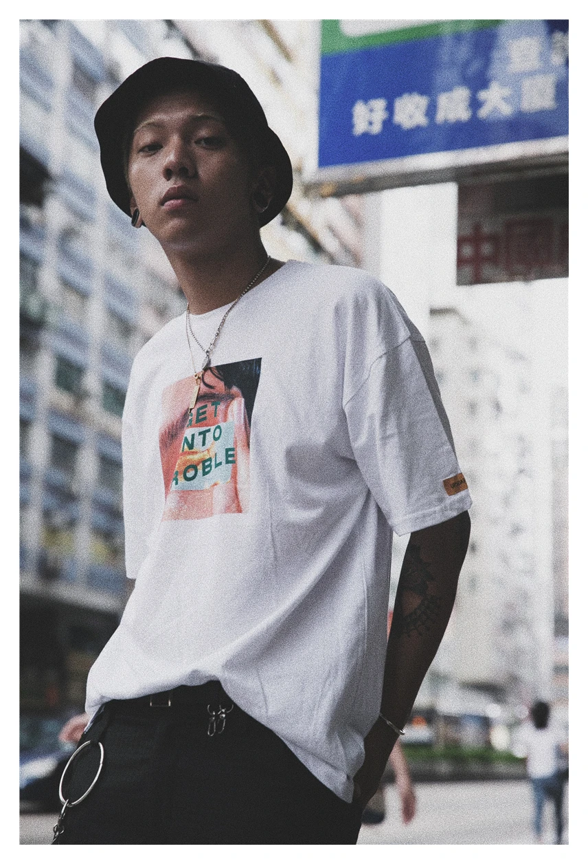 T Shirt Mens Hip Hop Printed Tshirt Streetwear Summer Cotton Harajuku T-Shirts Short Sleeve Tops Tees Street Wear White