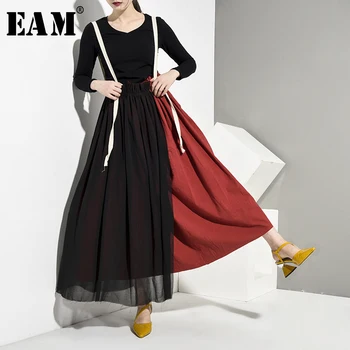 

[EAM] High Elastic Waist Mesh Split Joint Contrast Color Half-body Skirt Black Women Fashion Tide New Spring Autumn 2020 JU7310