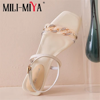 

MILI-MIYA Fashion Women Cow Leather Sandals Ankle Wrap Buckle Strap Fashion Square Toe Comfortable Square Heels Summer Shoes