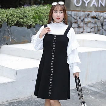 

Women's Spring 2 Pcs Chiffon Blouse Long Sleeves A line Strap Dress Sets Plus Size Knee length Casual Dress 100Kg can wear