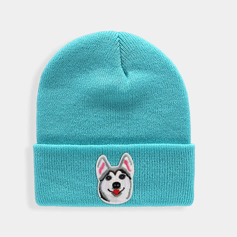 Huskies Hats Fashion Patches Sweet Beanie For Unisex Winter Brimless Stretchy Bonnet Solid Color Outdoor Cap Knitted Beanie - Цвет: Water Blue