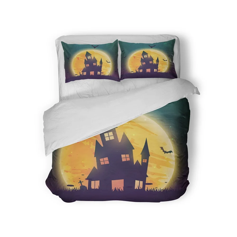 Haunted House Full Moon Design Microfiber Bedding Set Bats Tombstone Duvet Cover Set Twin Full Queen King Size Bed Linen Set