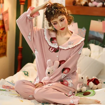 

Autumn and Winter Cardigan Nightgown for Women Long-sleeved Pajamas Ladies Lapel Loose Home Clothes Cotton Two-piece Suit