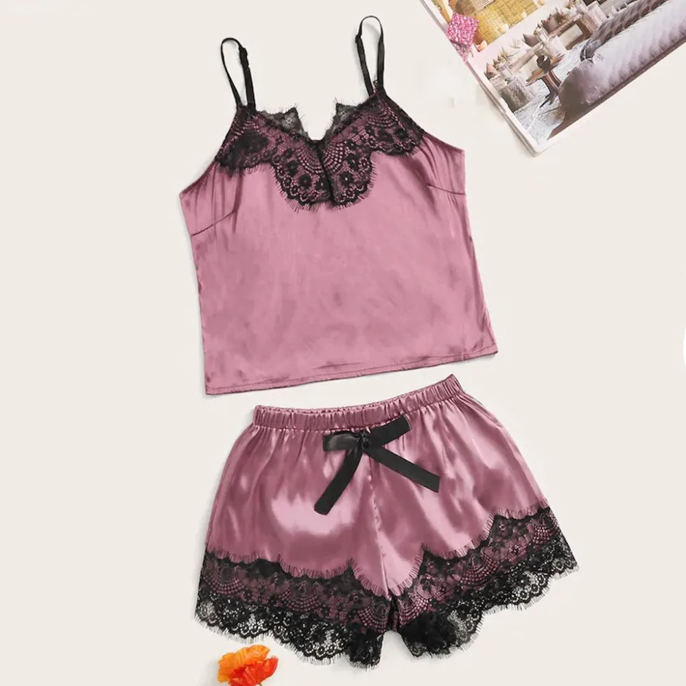 Женский кружевной атласный беспроводной бюстгальтер Camisole пижамы шорты с бантиком комплект пижамы 661SW1