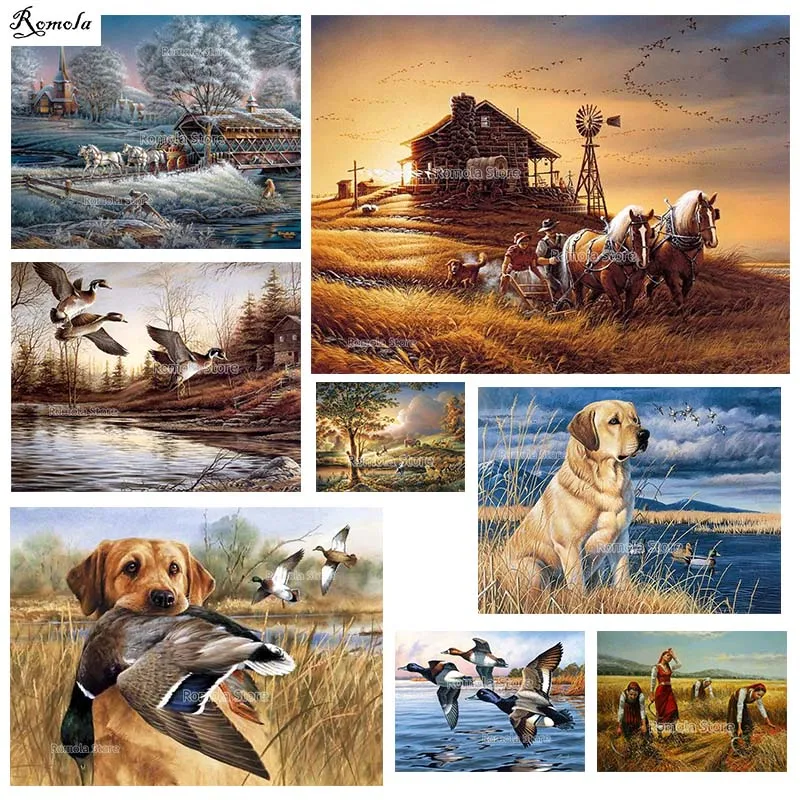 Ферма природные пейзажи собака птица лошадь фермер Алмаз Картина Полная