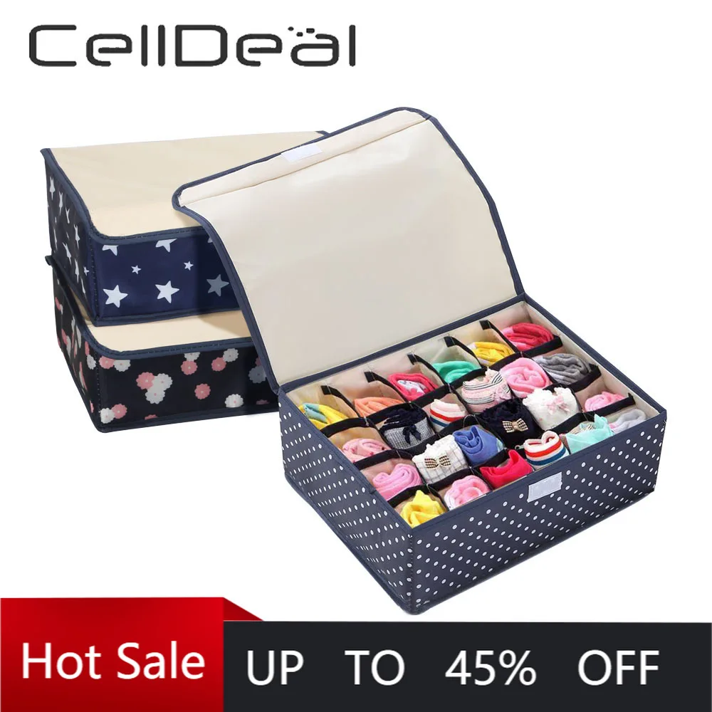 

24 Grid Oxford Cloth Storage Boxes Printed Foldable With Covered Socks Underwear Stationary Box Multifunctional Drawer Washable