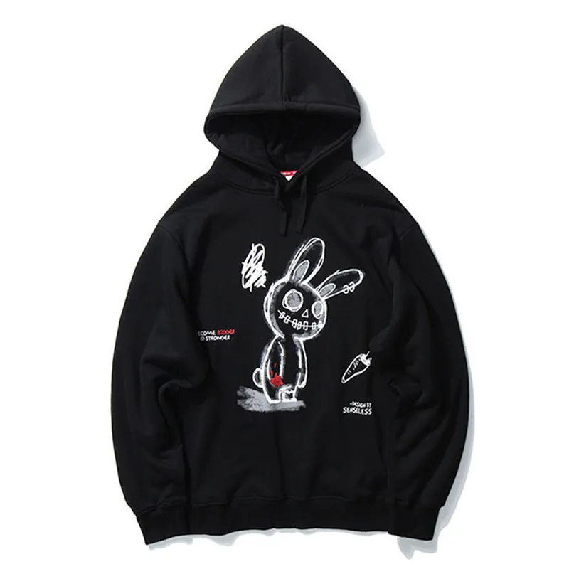 

Men Hip Hop Streetwear Hoodie Harajuku Sweatshirt Graffiti Sad Rabbit Print Pullover Cotton Casual Hooded Sweatshirt Black Tops