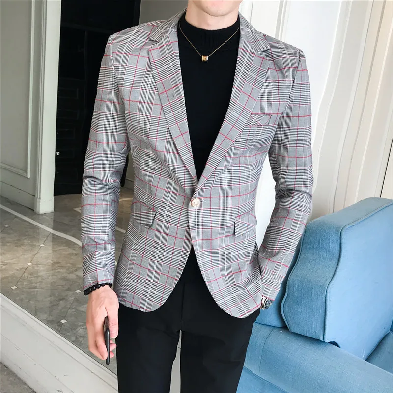 Осенние серые клетчатые блейзеры мужской костюм Slim Fit бизнес Veste Homme костюм Vestidos De Novia Мужская офисная куртка в клетку