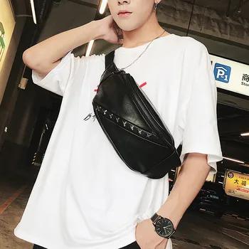 

New Men's PU leather Cheat Bag Multifunctional casual rivet shoulder crossbody bag male hip hop zipper travel outdoors pack