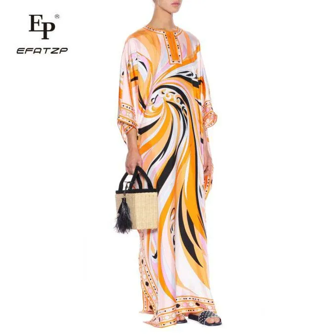 

EFATZP Ladies' new loose large code Greek style high-end fashion print silk jersey dress