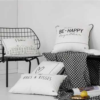 

Black White Cushion Cover 45x45cm/30x50cm Rectangle Pillow Cover Cotton Soft Heart Happy home letter Fringe for Home decoration