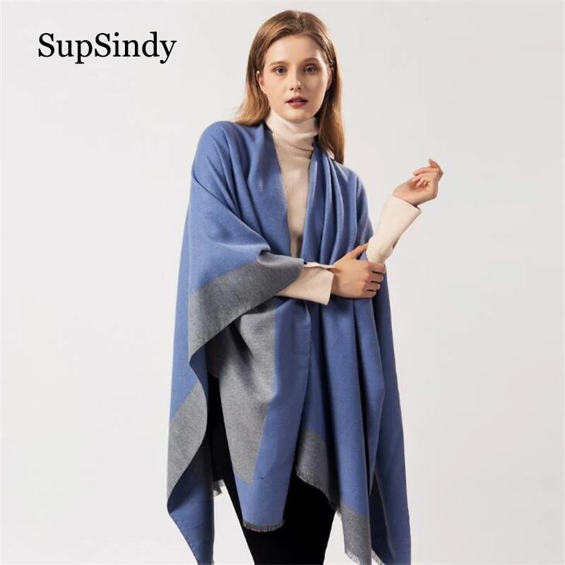 

SupSindy Winter scarfs Solid cape Thick warm Shawl wrap Cashmere wool scarves for women luxury cloak fashion poncho female stole