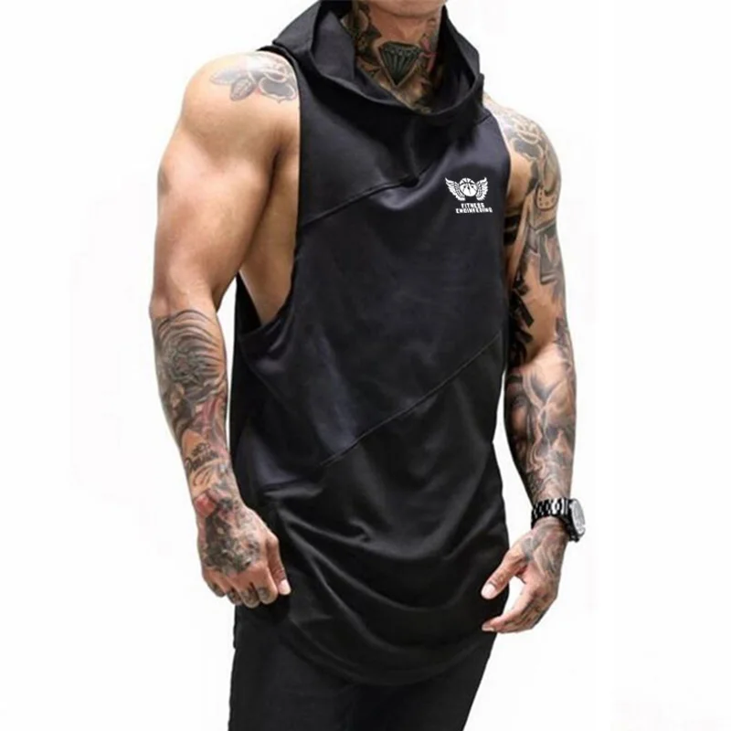 19BX01FEB Bodybuilding Stringer Tank Top with hooded Mens Gyms Clothing Fitness Mens Sleeveless Vests Cotton Singlets Muscle Tankops - Цвет: 19BX01FEB