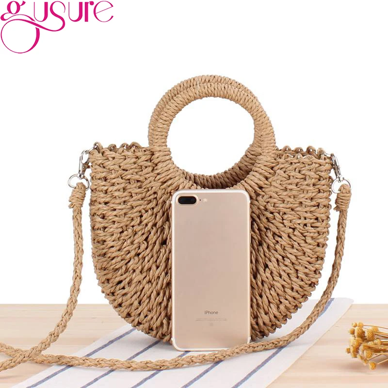 Gusure Handmade Half-Round Rattan Woven Straw Crossbody Bag Summer