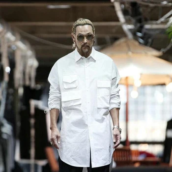 

Men's new solid color Multi Pocket long loose style long sleeve shirt shirt shirt round hem youth performance dress