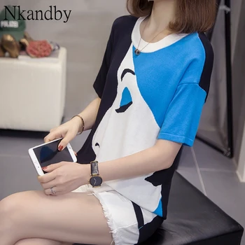 

Plus size Ulzzang Graphic knit tops tee shirts for women summer novelty loose short sleeve patchwork t-shirts oversize clothes