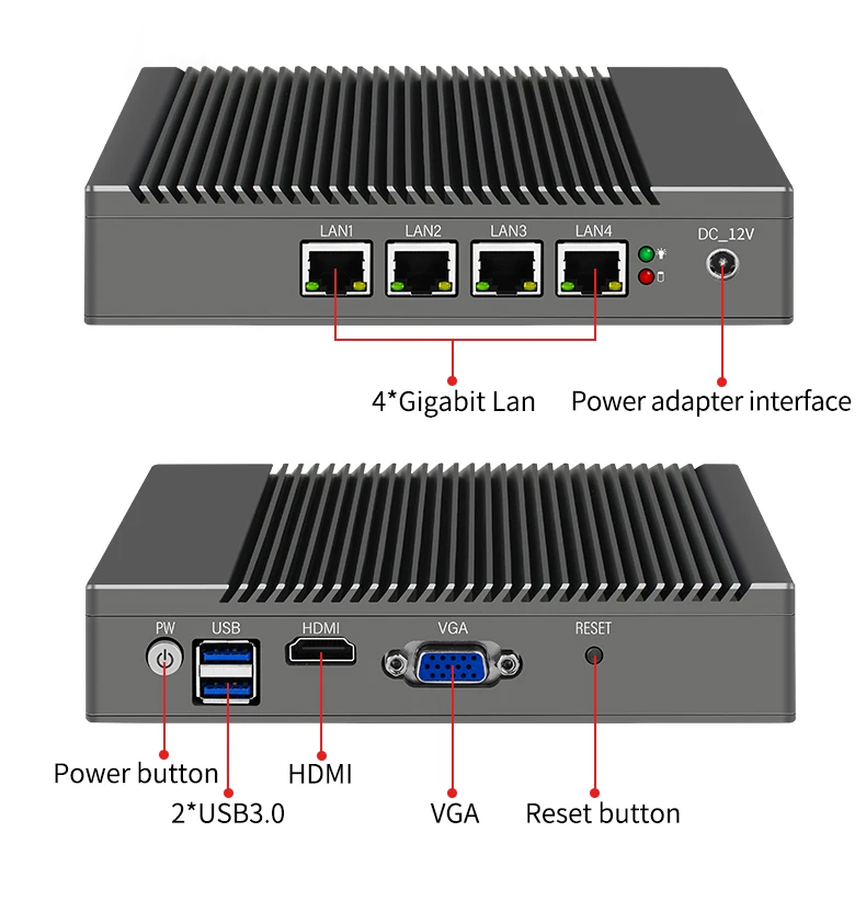 Fanless Mini PC with J1900 J4125 CPU, 4 Gigabit LAN, HDMI, VGA - Embedded Industrial Computer for Household Soft VPN Firewall WiFi Router Description Image.This Product Can Be Found With The Tag Names Fanless pc firewall, Firewall mini industrial pc, Firewall mini pc computer, Mini pc router j1900 wifi