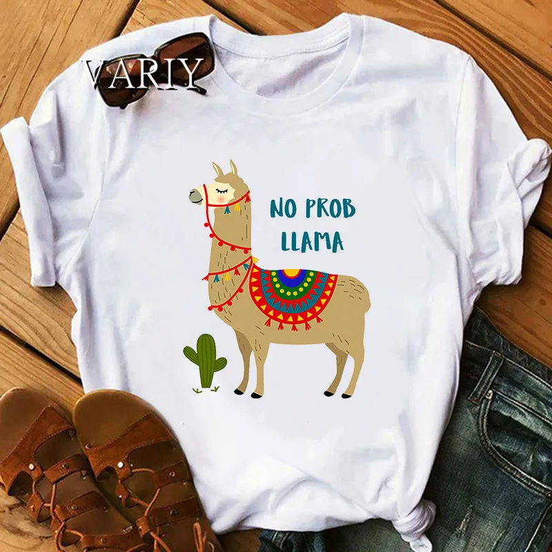 

Cute Funny Grass Mud Horse cartoon Print tshirt women No Prob Llama T-Shirt Female Short Sleeve Graphic Tops Summer Women Tshirt