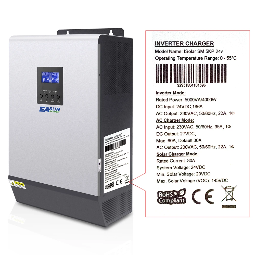 Источник питания Easun 24V 5KVA 4000W MPPT солнечный инвертор Чистая синусоида Инвертор с 80A MPPT Солнечное зарядное устройство с 60A зарядное устройство