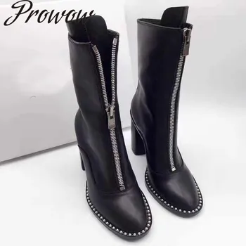

Prowow New Autumn Winter Black Genuine Leather Metal Deco Front Chain Mid-Calf Fashion Boots Luxury Brand Thick Heel Women Boots