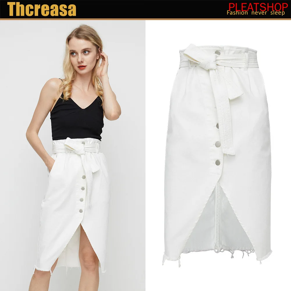 

Summer Wear New Style Europe And America Cool Design Mid -length Irregular Slit Burrs with Belt Denim Skirt