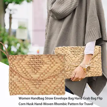 

Women Handbag Straw Envelope Bag Hand Grab Bag Flip Corn Husk Hand-Woven Rhombic Pattern for Travel bolsa feminina