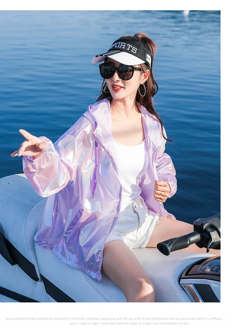 YUANYUANJYCO summer thin woman jacket reflective colorful zipper hooded long sleeve fashion white pink jackets for women coats
