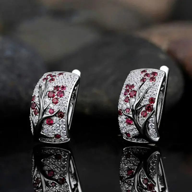

European Rhinestone Plum Tree Ear Hoop Women Zircon Earrings Jewelry Gift Small Hoop Earrings Ear Bone Buckle Round Circle Ear