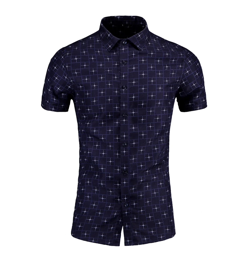 Short Sleeve Plaid Shirt For Men Casual Beach Party Social Dress Stripe Blouse slim fit Summer White blue navy | Мужская одежда