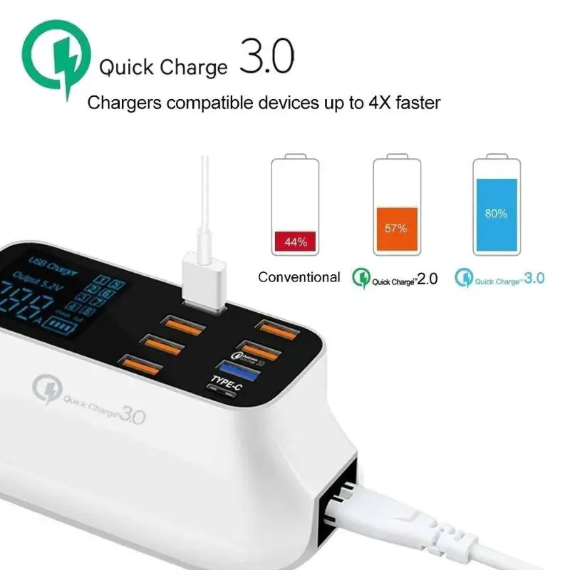 8 портов Быстрая зарядка 3,0 светодиодный дисплей USB зарядное устройство для Android iPhone планшет
