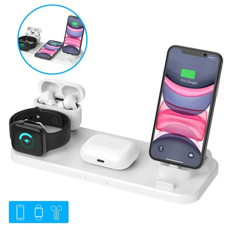 10W Qi Wireless Charger Station 6 in 1 pad Iphone Airpods Micro USB Type C Stand phone Chargers For Apple Watch airpods Charging
