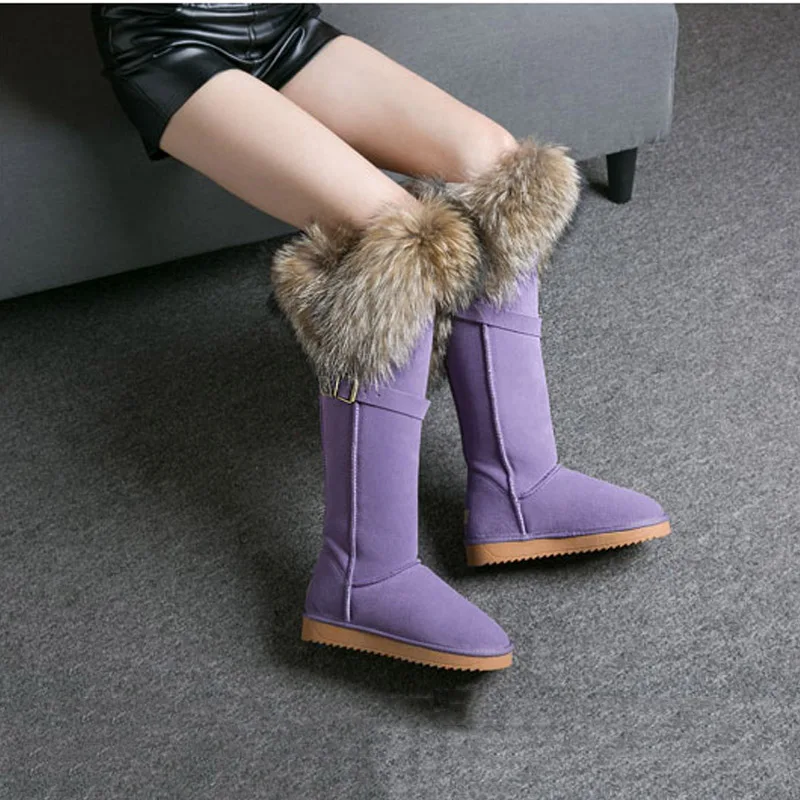 Dream purple Модные Зимние сапоги из натуральной кожи с натуральным лисьим мехом сапоги до колена Зимние сапоги с высоким голенищем Водонепроницаемый высокая женская обувь; теплые высокие сапоги - Цвет: Dream purple