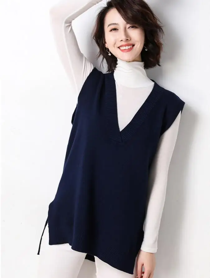Navy Blue GCAROL осенне-зимний женский 30% шерстяной вязаный жилет с v-образным вырезом с разрезом по бокам Асимметричный вязаный пуловер без рукавов свитер жилет XL - Цвет: Navy Blue
