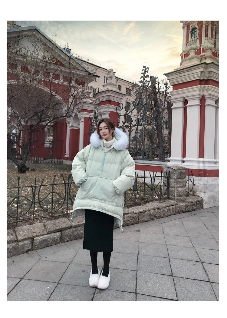 Зимний плотный теплый длинный пуховик, Женское пальто, женский большой меховой воротник с капюшоном, Свободный корейский пуховик