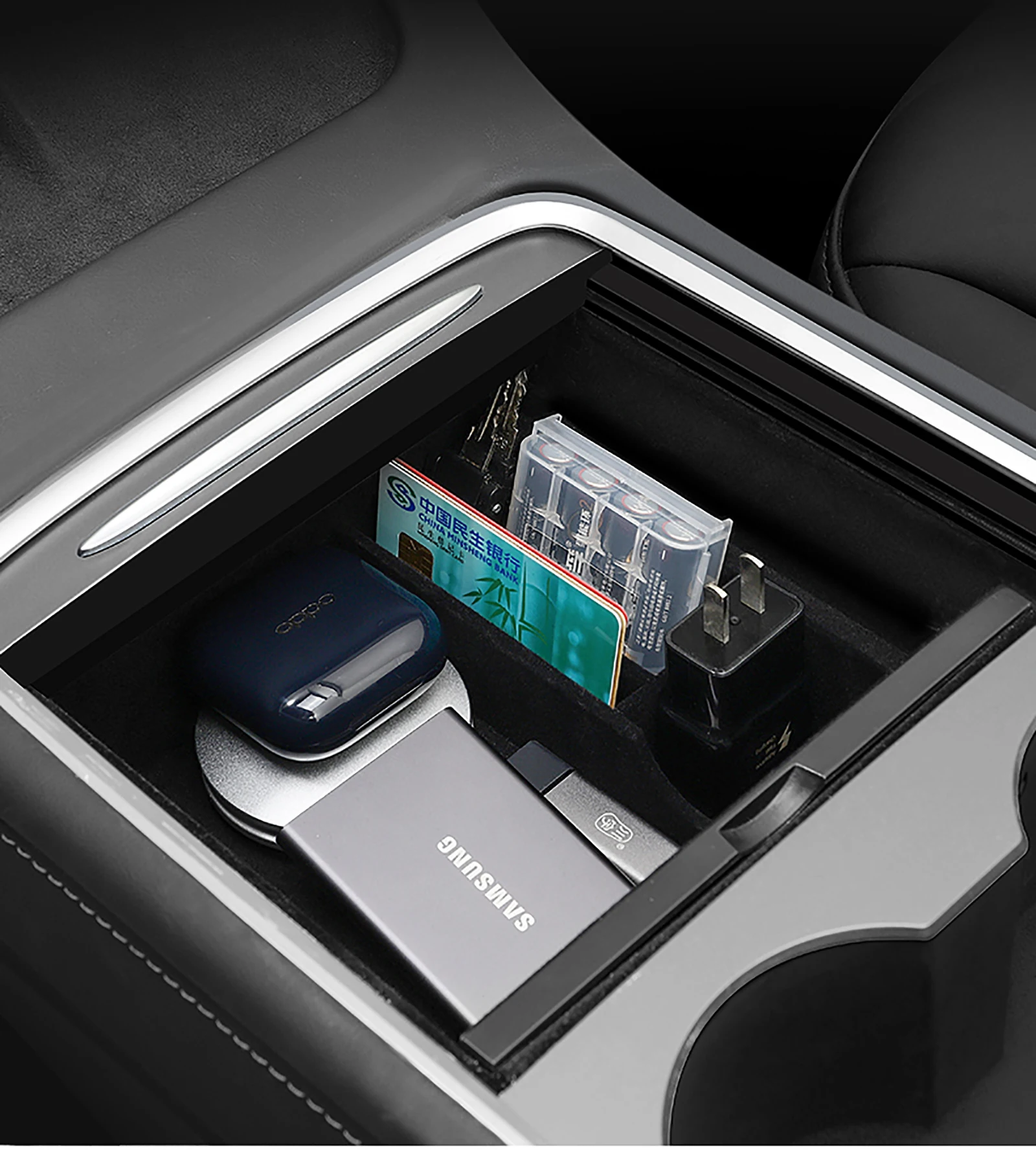 TEFUN For Tesla Model 3 Y 2021 2022 Storage Box Car Central Armrest Flocking/ABS Storage Box Organizer Model 3 2021 Accessories