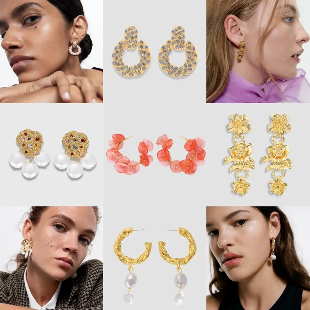 

Ladyfirsy Vintage ZA Metal Drop Earrings for Women Elegant Gold Circle Girls Wedding Statement Flower Dangle Earring Jewelry