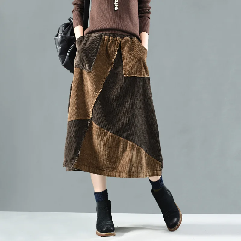 NINI WONDERLAND Осенняя Вельветовая юбка для женщин Лоскутная винтажная трапециевидная юбка женская повседневная юбка с эластичной резинкой на талии Весна - Цвет: Coffee