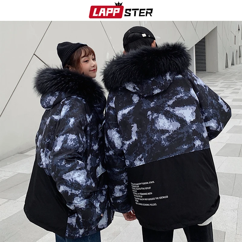 

LAPPSTER Men Camouflage Patchwork Parka Winter Hooded Jacket 2020 Camo Fur Fashion Parkas Mens Hip Hop Bubble Coat Puffer Jacket